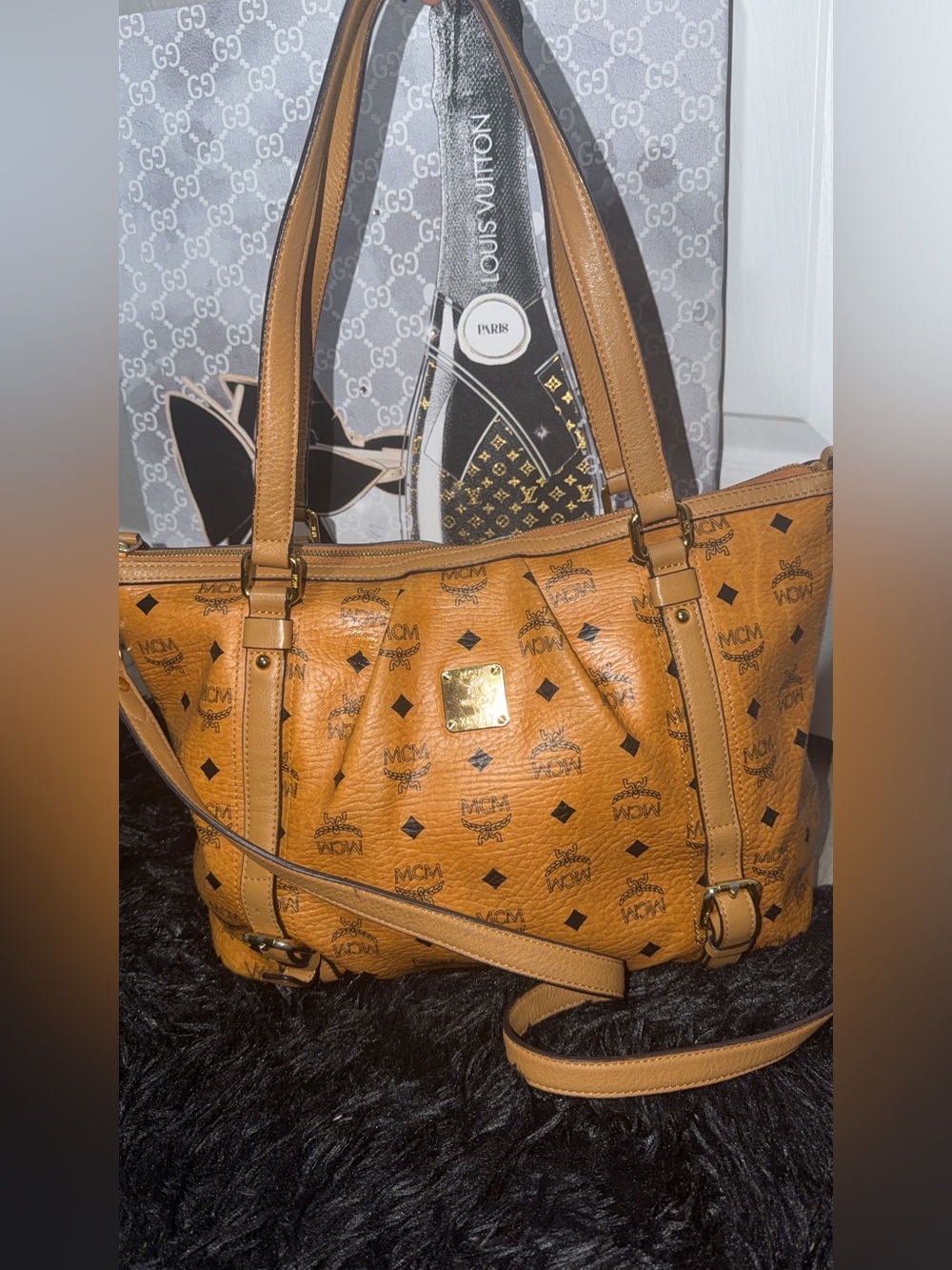 MCM Cognac Visetos Logo Tote with Gold Plaque